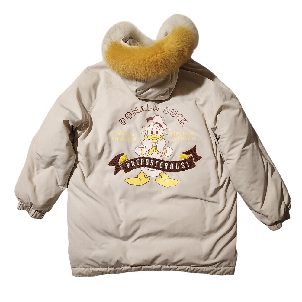 Donald Duck Puffer Jacket Faux Fur Hooded Embroidered Cartoon Coat